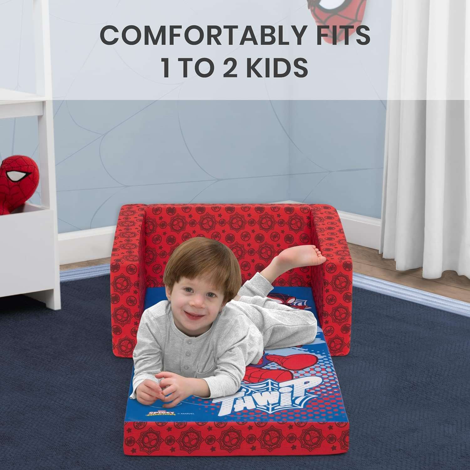 Delta Children Marvel Spidey and His Amazing Friends Cozee Flip-Out Chair - 2-in-1 Convertible Chair to Lounger for Kids - 4