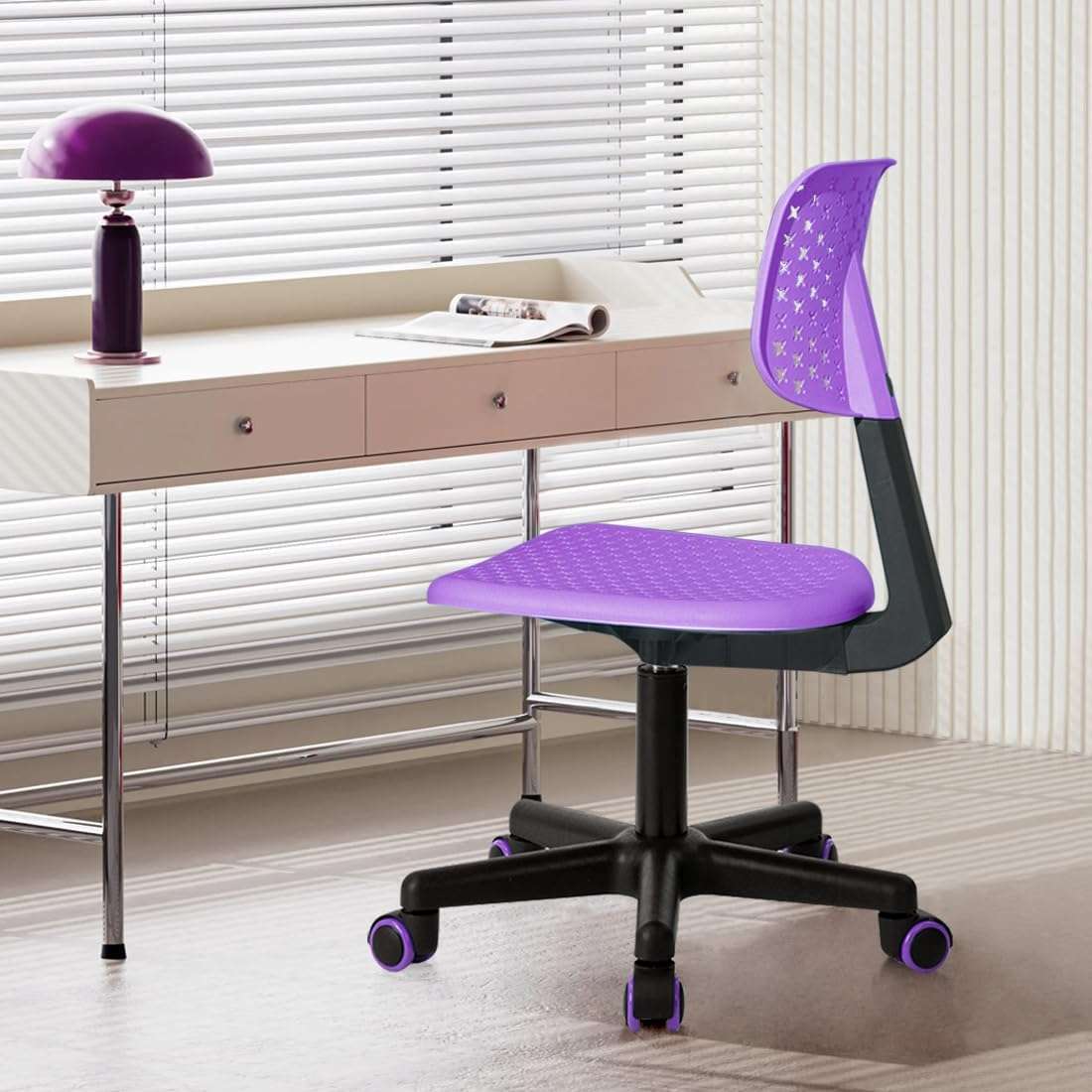 Desk Chair Armless Cute Office Chair, Low Back Rolling Home Office Task Chair Adjustable Swivel Study Chair for Girls Teens Adults Children Kids, Purple - 2
