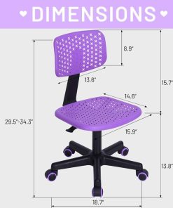 Desk Chair Armless Cute Office Chair, Low Back Rolling Home Office Task Chair Adjustable Swivel Study Chair for Girls Teens Adults Children Kids, Purple - 3