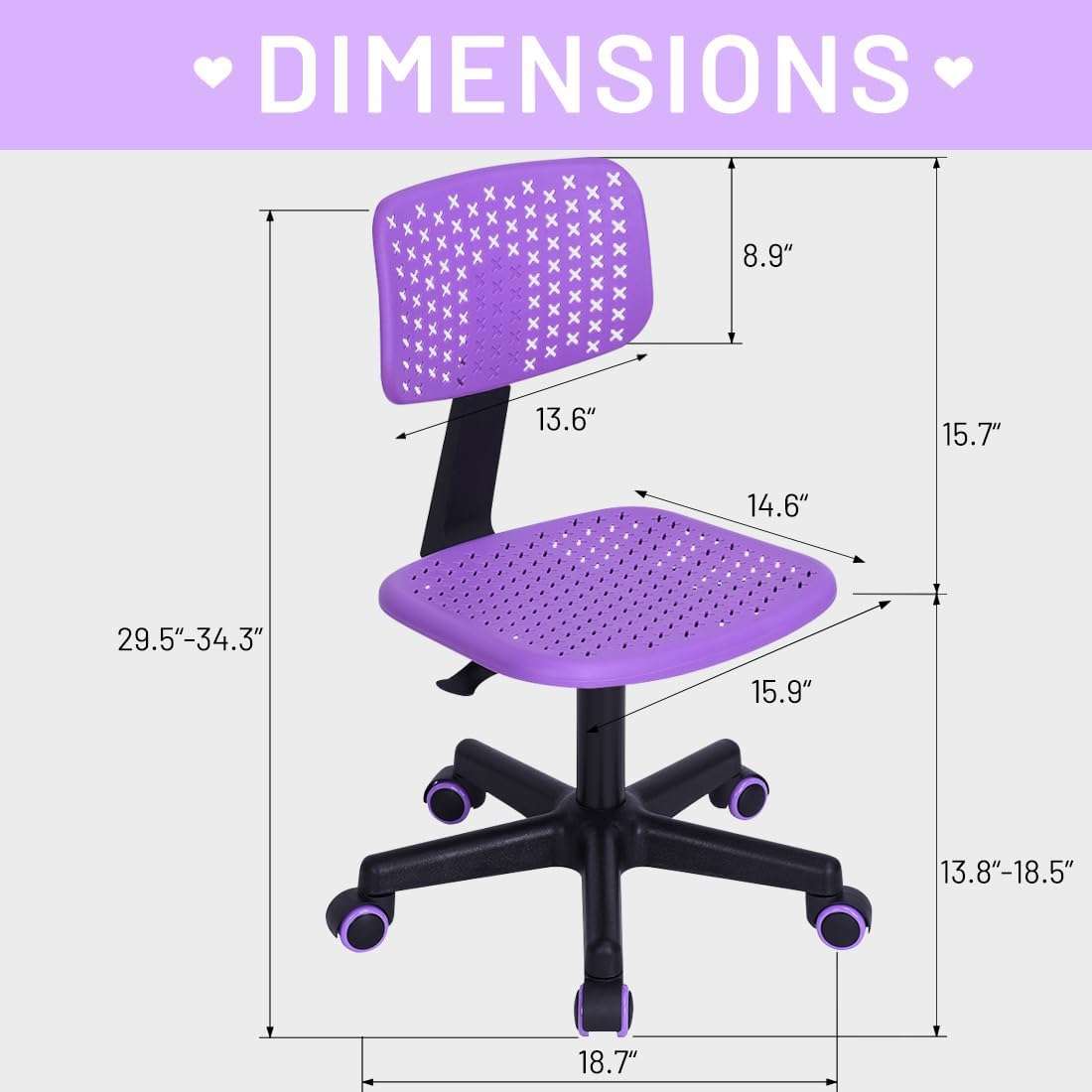 Desk Chair Armless Cute Office Chair, Low Back Rolling Home Office Task Chair Adjustable Swivel Study Chair for Girls Teens Adults Children Kids, Purple - 3