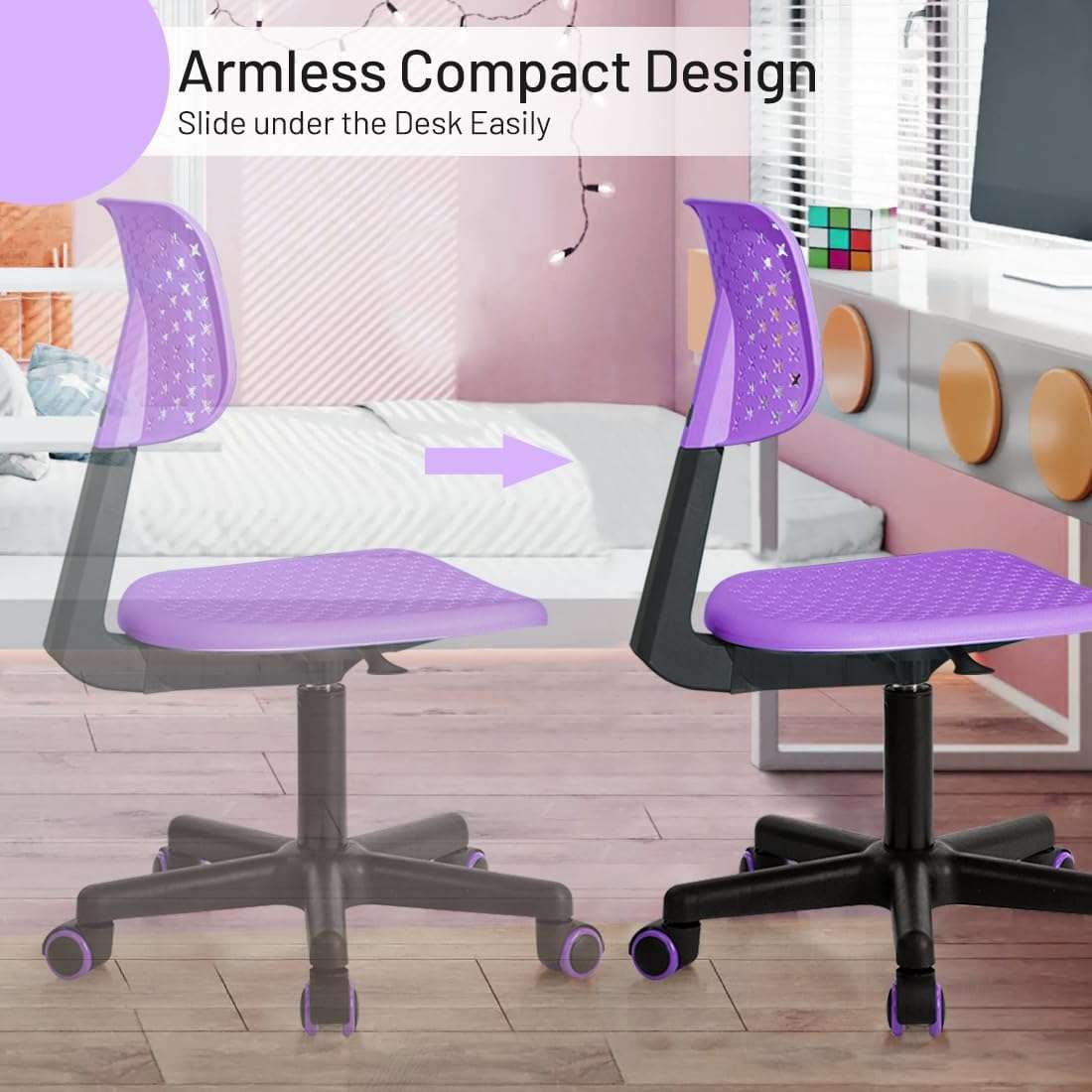 Desk Chair Armless Cute Office Chair, Low Back Rolling Home Office Task Chair Adjustable Swivel Study Chair for Girls Teens Adults Children Kids, Purple - 6