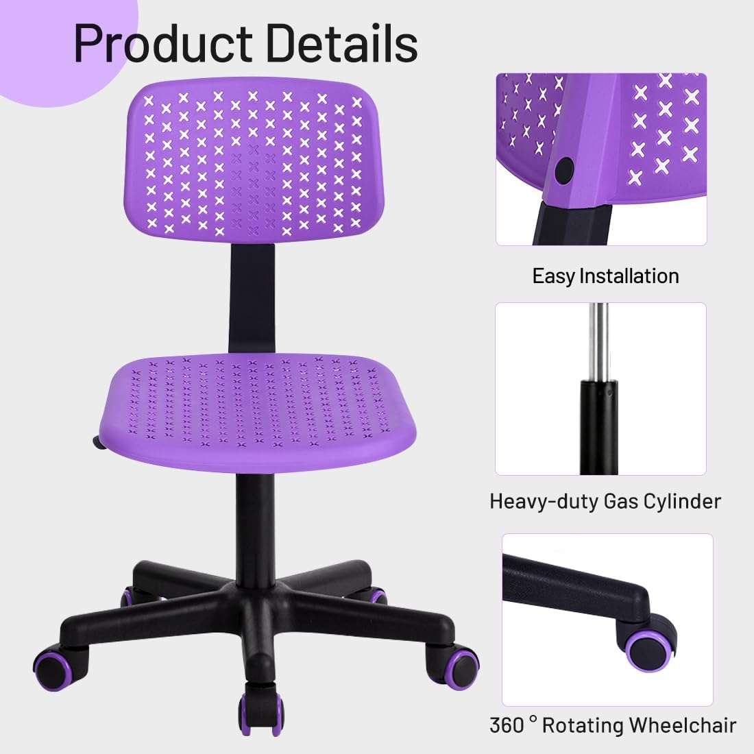 Desk Chair Armless Cute Office Chair, Low Back Rolling Home Office Task Chair Adjustable Swivel Study Chair for Girls Teens Adults Children Kids, Purple - 7