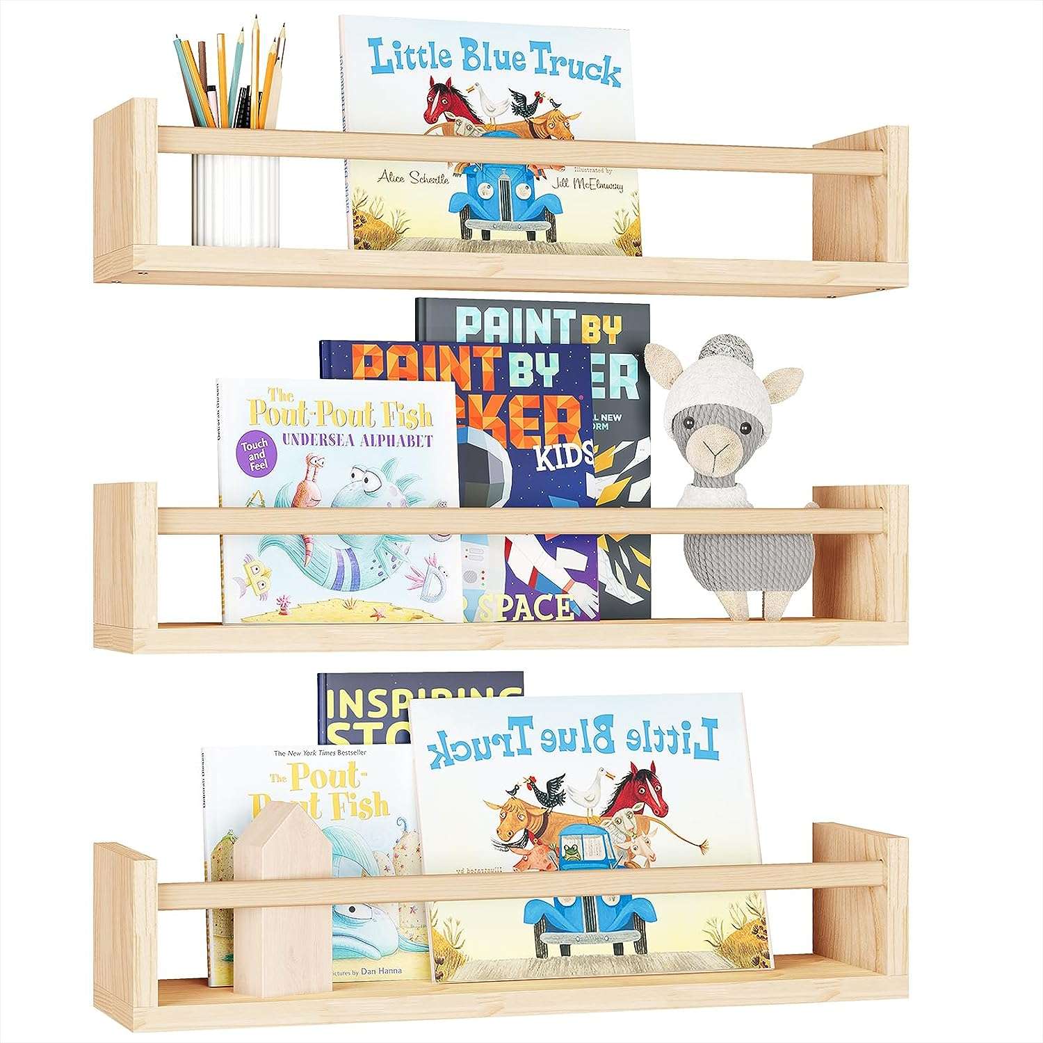 Fixwal Nursery Book Wall Shelves, 16.5 Inch Floating Bookshelves for Wall Set of 3, Baby Nursery Decor, Solid Wood Wall Mounted Shelves for Books, Toys and Decor Storage (Natural Wood) - 1
