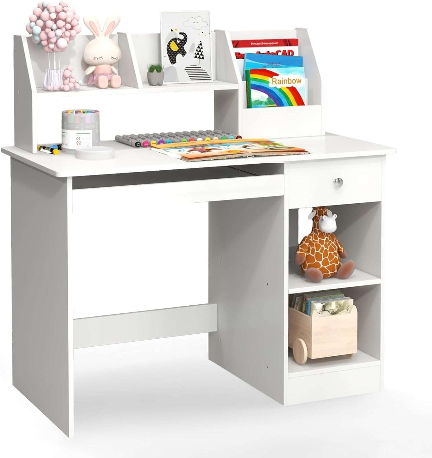 Giantex Kids Study Desk, Children Wooden Computer Desk with Hutch, Bookshelf, Keyboard Tray, Drawer, Storage Shelves, Student Writing Table Computer Workstation for Home School Use, White - 1
