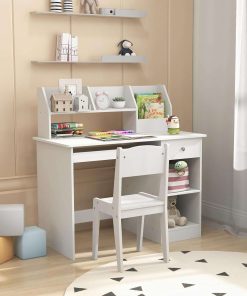 Giantex Kids Study Desk, Children Wooden Computer Desk with Hutch, Bookshelf, Keyboard Tray, Drawer, Storage Shelves, Student Writing Table Computer Workstation for Home School Use, White - 2