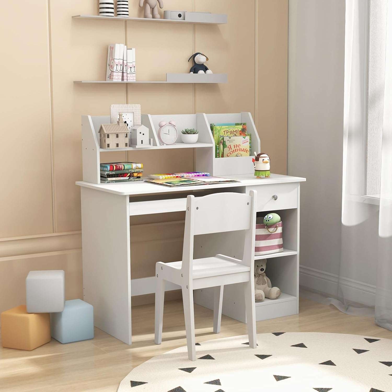 Giantex Kids Study Desk, Children Wooden Computer Desk with Hutch, Bookshelf, Keyboard Tray, Drawer, Storage Shelves, Student Writing Table Computer Workstation for Home School Use, White - 2