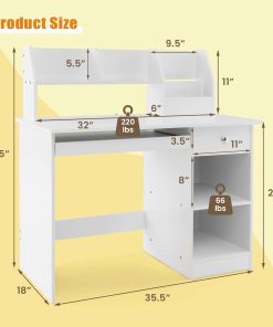 Giantex Kids Study Desk, Children Wooden Computer Desk with Hutch, Bookshelf, Keyboard Tray, Drawer, Storage Shelves, Student Writing Table Computer Workstation for Home School Use, White - 3