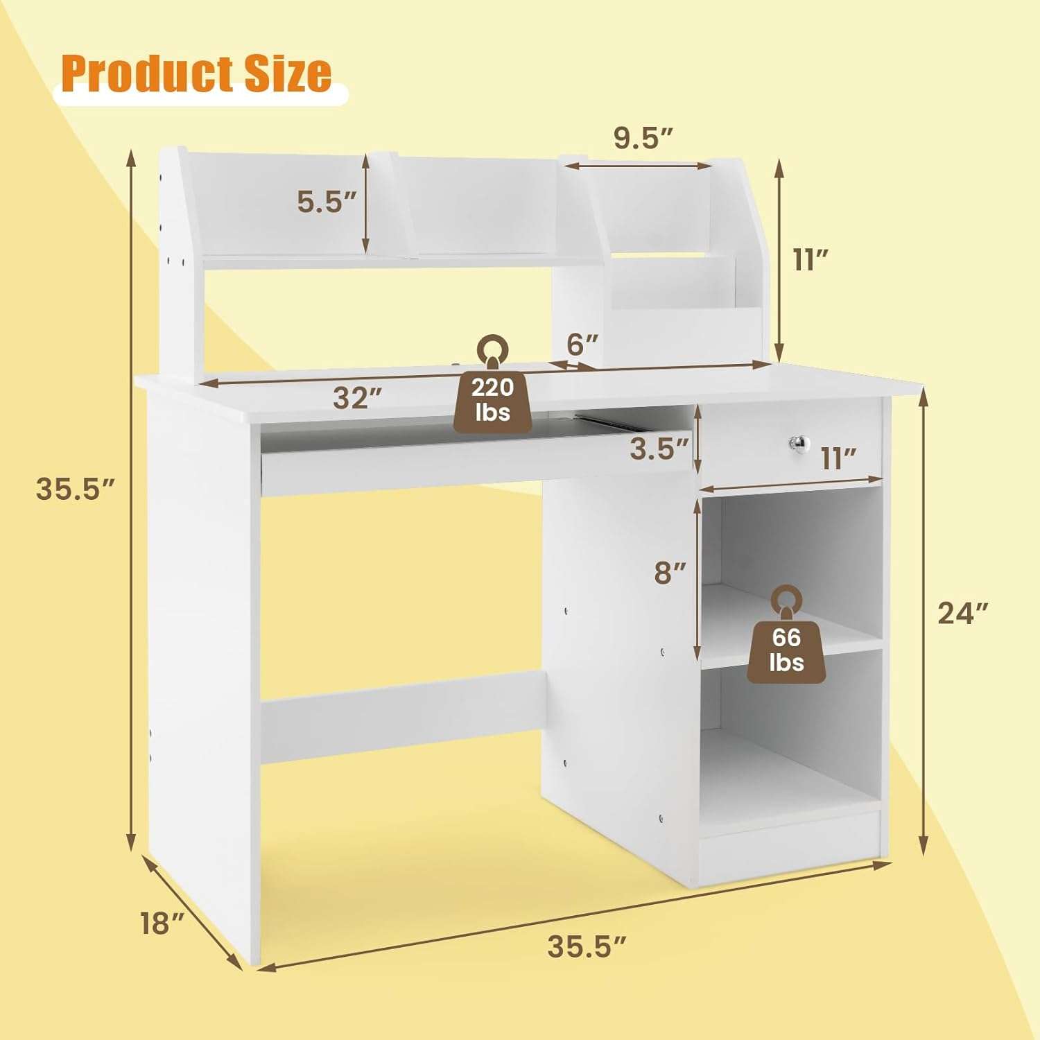 Giantex Kids Study Desk, Children Wooden Computer Desk with Hutch, Bookshelf, Keyboard Tray, Drawer, Storage Shelves, Student Writing Table Computer Workstation for Home School Use, White - 3