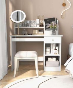 Giantex Kids Study Desk, Children Wooden Computer Desk with Hutch, Bookshelf, Keyboard Tray, Drawer, Storage Shelves, Student Writing Table Computer Workstation for Home School Use, White - 4