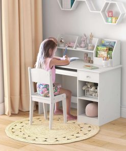 Giantex Kids Study Desk, Children Wooden Computer Desk with Hutch, Bookshelf, Keyboard Tray, Drawer, Storage Shelves, Student Writing Table Computer Workstation for Home School Use, White - 5