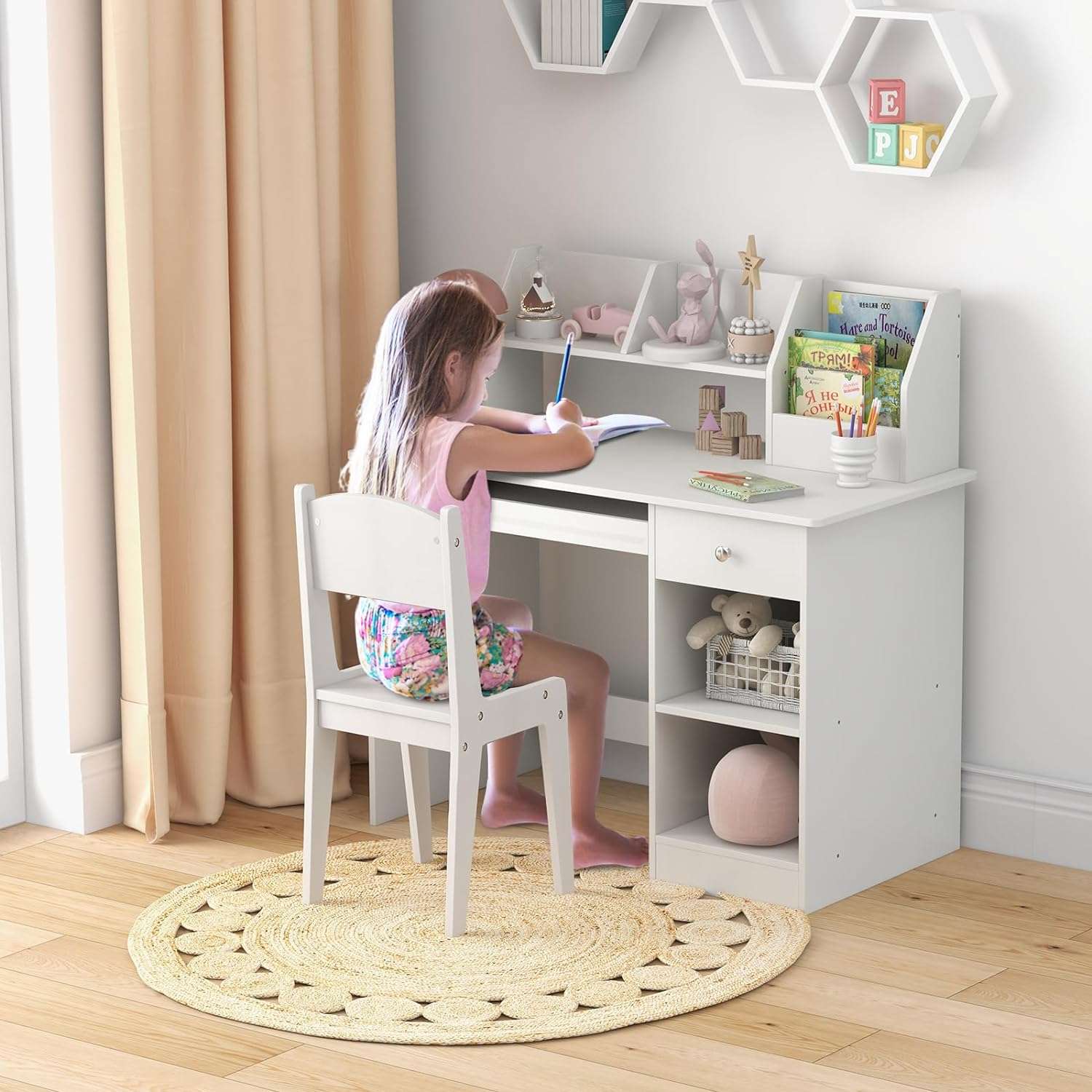 Giantex Kids Study Desk, Children Wooden Computer Desk with Hutch, Bookshelf, Keyboard Tray, Drawer, Storage Shelves, Student Writing Table Computer Workstation for Home School Use, White - 5