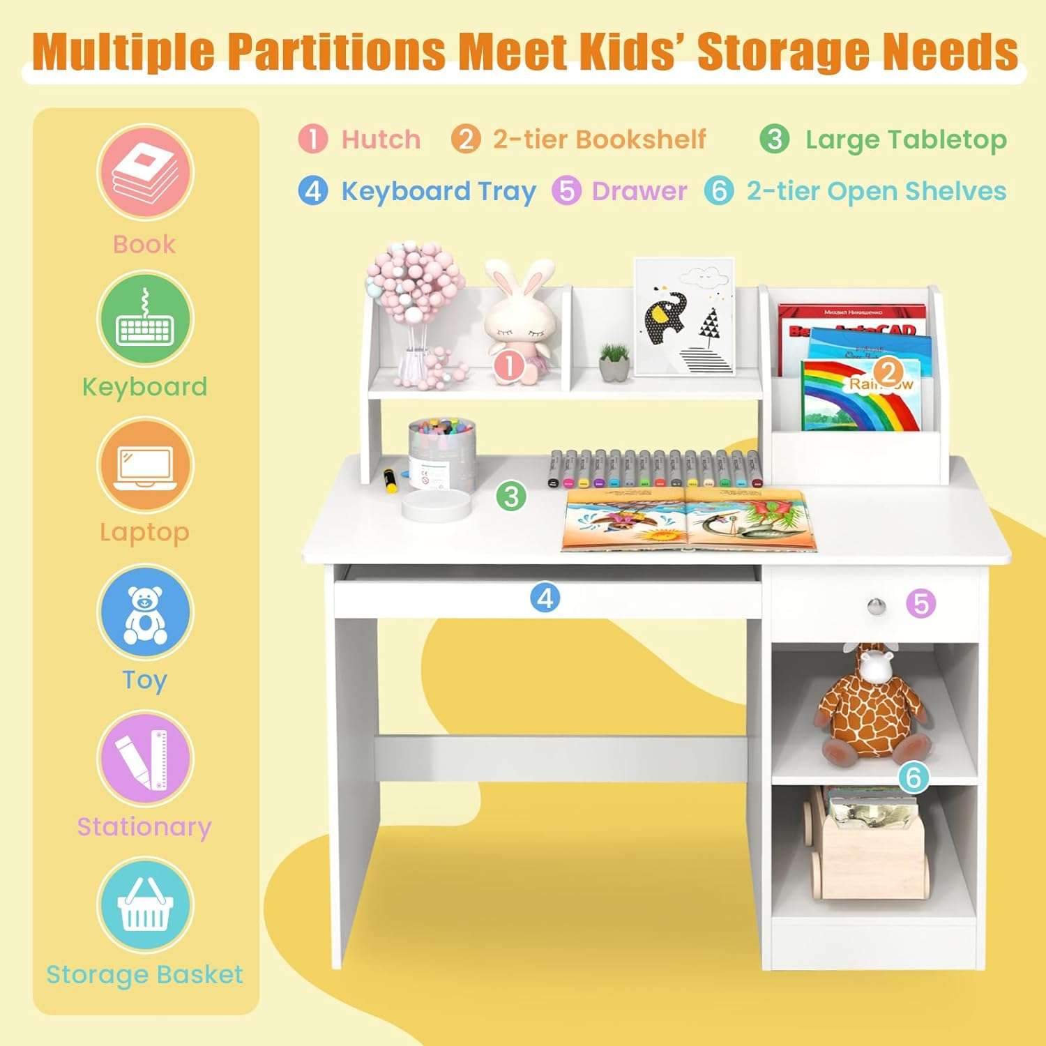 Giantex Kids Study Desk, Children Wooden Computer Desk with Hutch, Bookshelf, Keyboard Tray, Drawer, Storage Shelves, Student Writing Table Computer Workstation for Home School Use, White - 6