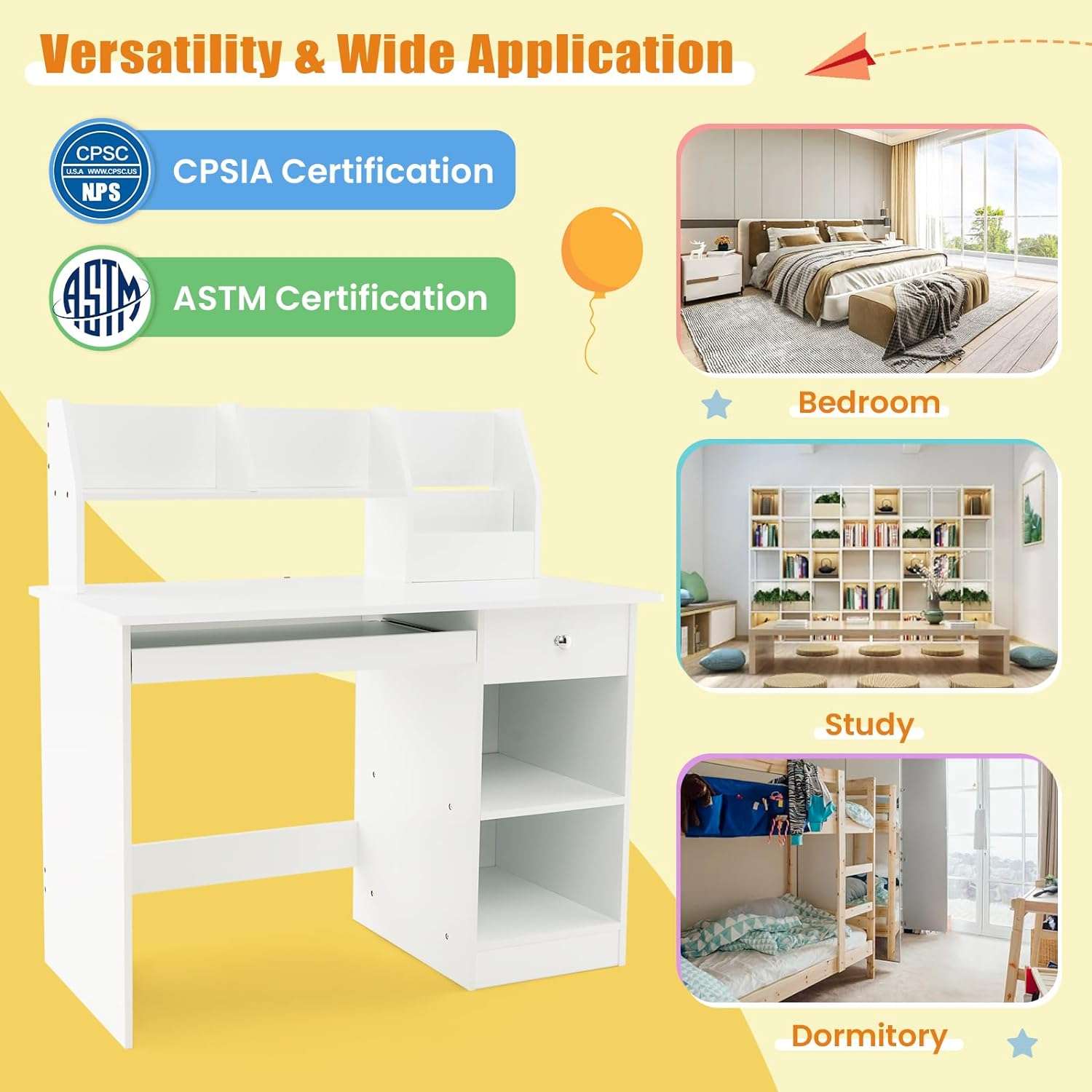 Giantex Kids Study Desk, Children Wooden Computer Desk with Hutch, Bookshelf, Keyboard Tray, Drawer, Storage Shelves, Student Writing Table Computer Workstation for Home School Use, White - 9