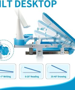 Gowxil Kids Functional Desk and Chair Set, Height Adjustable Children School Study Desk with Tilt Desktop, Bookstand, LED Light, Metal Hook and Storage Drawer for Boys Girls, Blue - 3