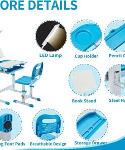 Gowxil Kids Functional Desk and Chair Set, Height Adjustable Children School Study Desk with Tilt Desktop, Bookstand, LED Light, Metal Hook and Storage Drawer for Boys Girls, Blue - 4