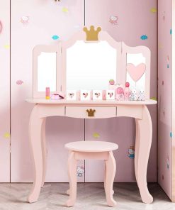 HONEY JOY Kids Vanity, Crown Themed Toddler Dressing Makeup Table and Chair Set w-Drawer & Tri-Folding Mirror, Detachable Mirror, Princess Pretend Play Girls Vanity Set with Mirror and Stool(Pink) - 2