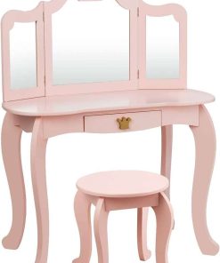 HONEY JOY Kids Vanity, Crown Themed Toddler Dressing Makeup Table and Chair Set w-Drawer & Tri-Folding Mirror, Detachable Mirror, Princess Pretend Play Girls Vanity Set with Mirror and Stool(Pink) - 3