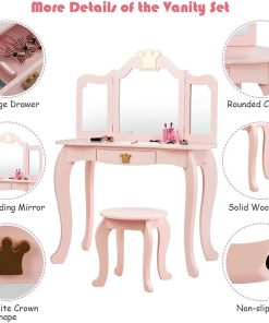 HONEY JOY Kids Vanity, Crown Themed Toddler Dressing Makeup Table and Chair Set w-Drawer & Tri-Folding Mirror, Detachable Mirror, Princess Pretend Play Girls Vanity Set with Mirror and Stool(Pink) - 4