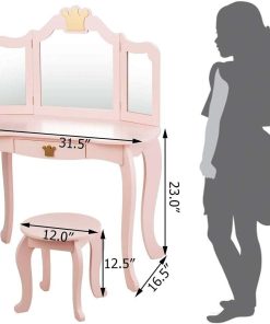 HONEY JOY Kids Vanity, Crown Themed Toddler Dressing Makeup Table and Chair Set w-Drawer & Tri-Folding Mirror, Detachable Mirror, Princess Pretend Play Girls Vanity Set with Mirror and Stool(Pink) - 5