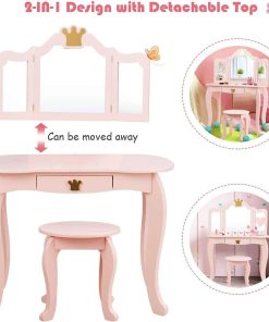 HONEY JOY Kids Vanity, Crown Themed Toddler Dressing Makeup Table and Chair Set w-Drawer & Tri-Folding Mirror, Detachable Mirror, Princess Pretend Play Girls Vanity Set with Mirror and Stool(Pink) - 6