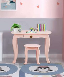 HONEY JOY Kids Vanity, Crown Themed Toddler Dressing Makeup Table and Chair Set w-Drawer & Tri-Folding Mirror, Detachable Mirror, Princess Pretend Play Girls Vanity Set with Mirror and Stool(Pink) - 7