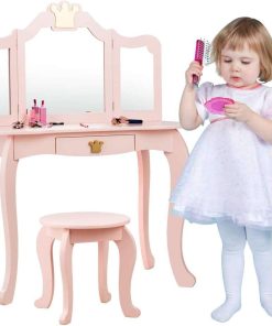 HONEY JOY Kids Vanity, Crown Themed Toddler Dressing Makeup Table and Chair Set w-Drawer & Tri-Folding Mirror, Detachable Mirror, Princess Pretend Play Girls Vanity Set with Mirror and Stool(Pink) - 8