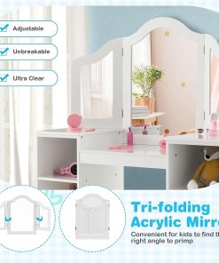 HONEY JOY White Kids Vanity Table, Princess Dressing Table with Tri-Folding Mirror, Open Storage Shelves, Wooden Makeup Table & Chair Set, Pretend Play Vanity Set for Girls(White) - 5