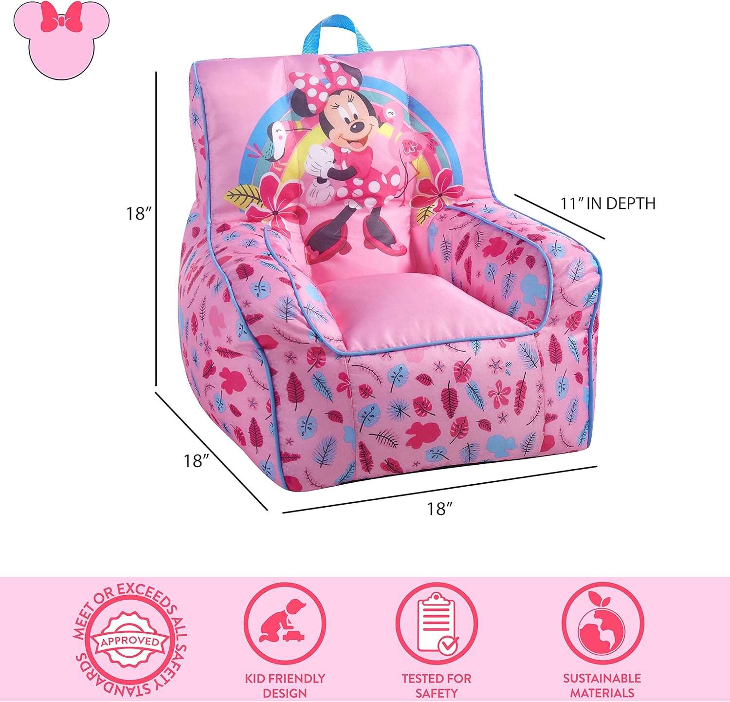 Idea Nuova Disney Minnie Mouse Toddler Nylon Bean Bag Chair with Piping & Top Carry Handle, Large - 3