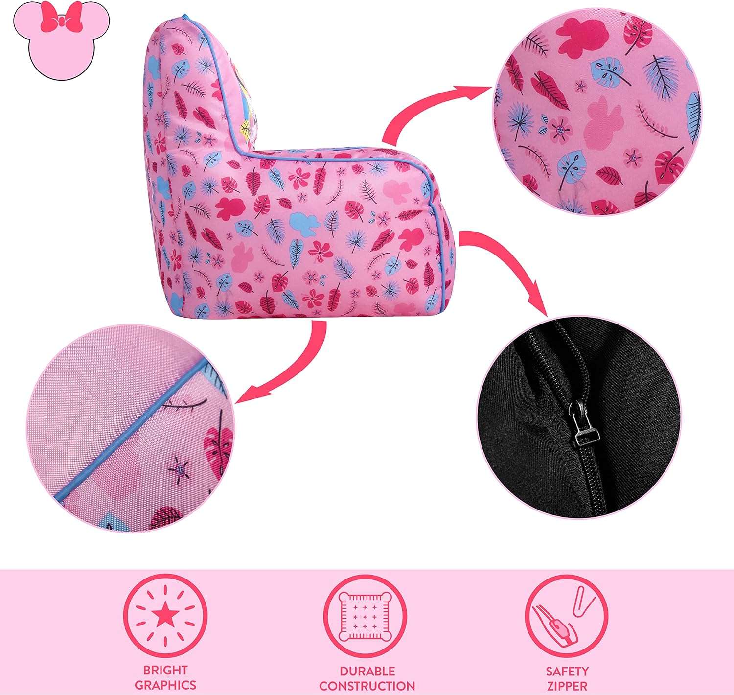 Idea Nuova Disney Minnie Mouse Toddler Nylon Bean Bag Chair with Piping & Top Carry Handle, Large - 5