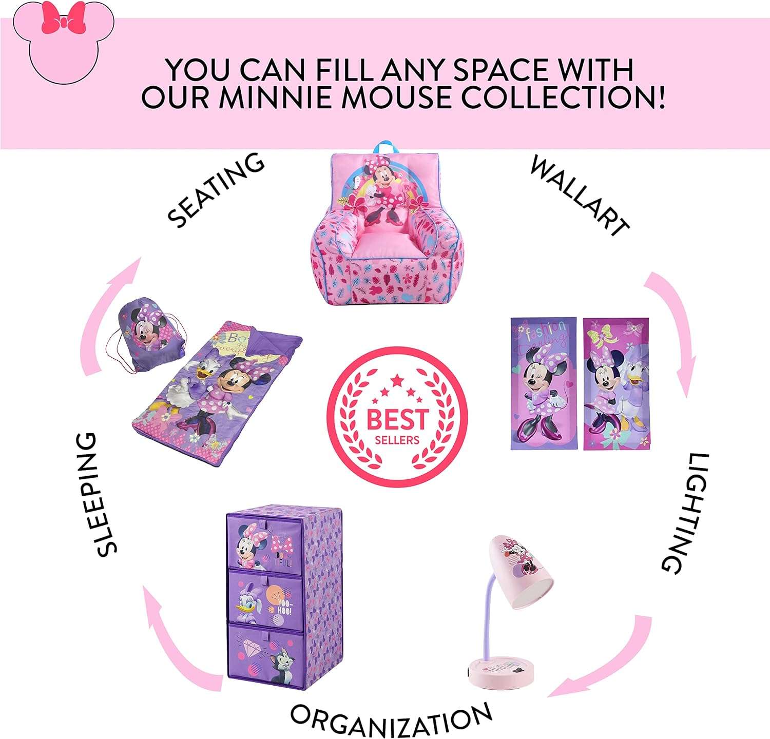 Idea Nuova Disney Minnie Mouse Toddler Nylon Bean Bag Chair with Piping & Top Carry Handle, Large - 6