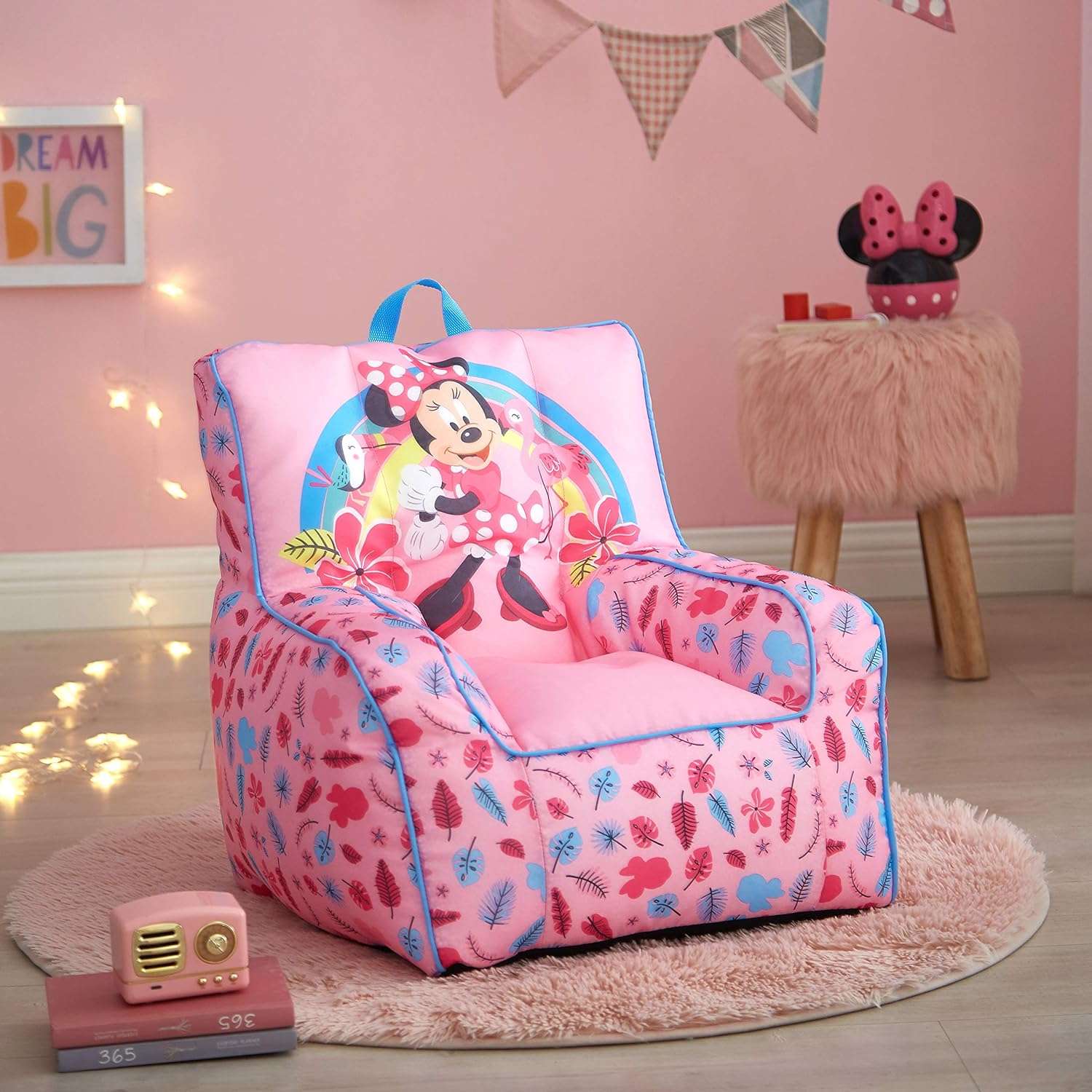 Idea Nuova Disney Minnie Mouse Toddler Nylon Bean Bag Chair with Piping & Top Carry Handle, Large - 7