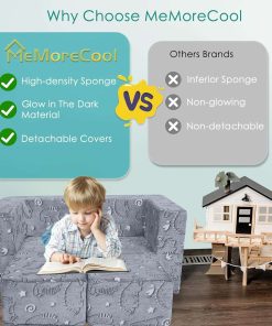 MeMoreCool Kids Sofa Couch, Glow in The Dark Baby Modular Dinosaur Couch, Convertible Toddler Fold Out Play Couch Furniture for Small Playroom, Grey - 4