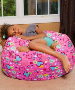 Posh Creations Bean Bag Chair for Kids, Teens, and Adults Includes Removable and Machine Washable Cover, Canvas Multi-Colored Hearts on Pink, 38in - Large - 4