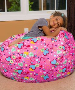 Posh Creations Bean Bag Chair for Kids, Teens, and Adults Includes Removable and Machine Washable Cover, Canvas Multi-Colored Hearts on Pink, 38in - Large - 5