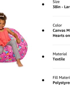 Posh Creations Bean Bag Chair for Kids, Teens, and Adults Includes Removable and Machine Washable Cover, Canvas Multi-Colored Hearts on Pink, 38in - Large - 6