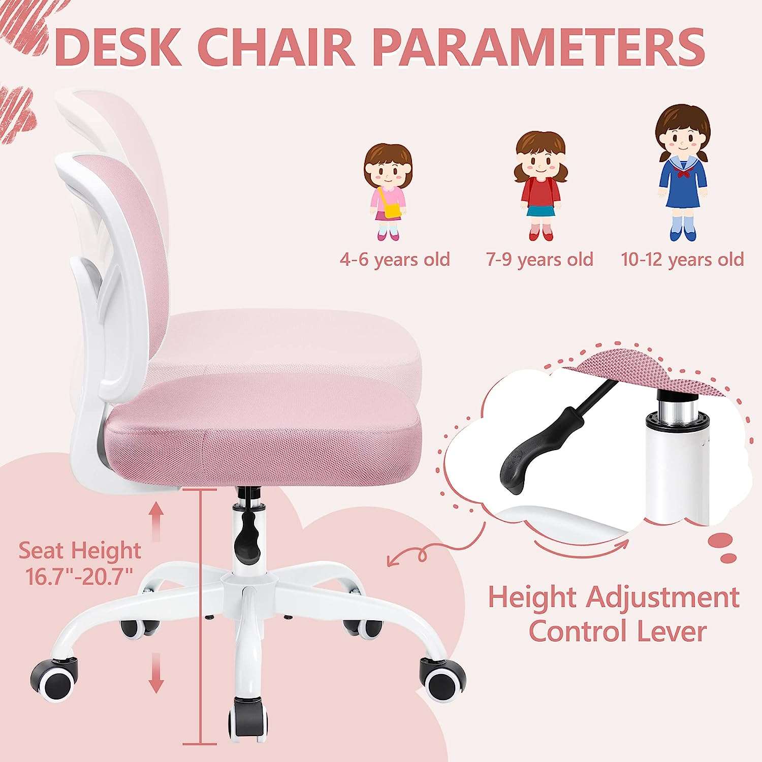 Primy Kids Desk Chair, Pink Study Chair for Boys Girls with Height Adjustable, Swivel Mesh Task Student Chairs for 4-12, Growing Teen Office Chair for Home-School-Office - 3