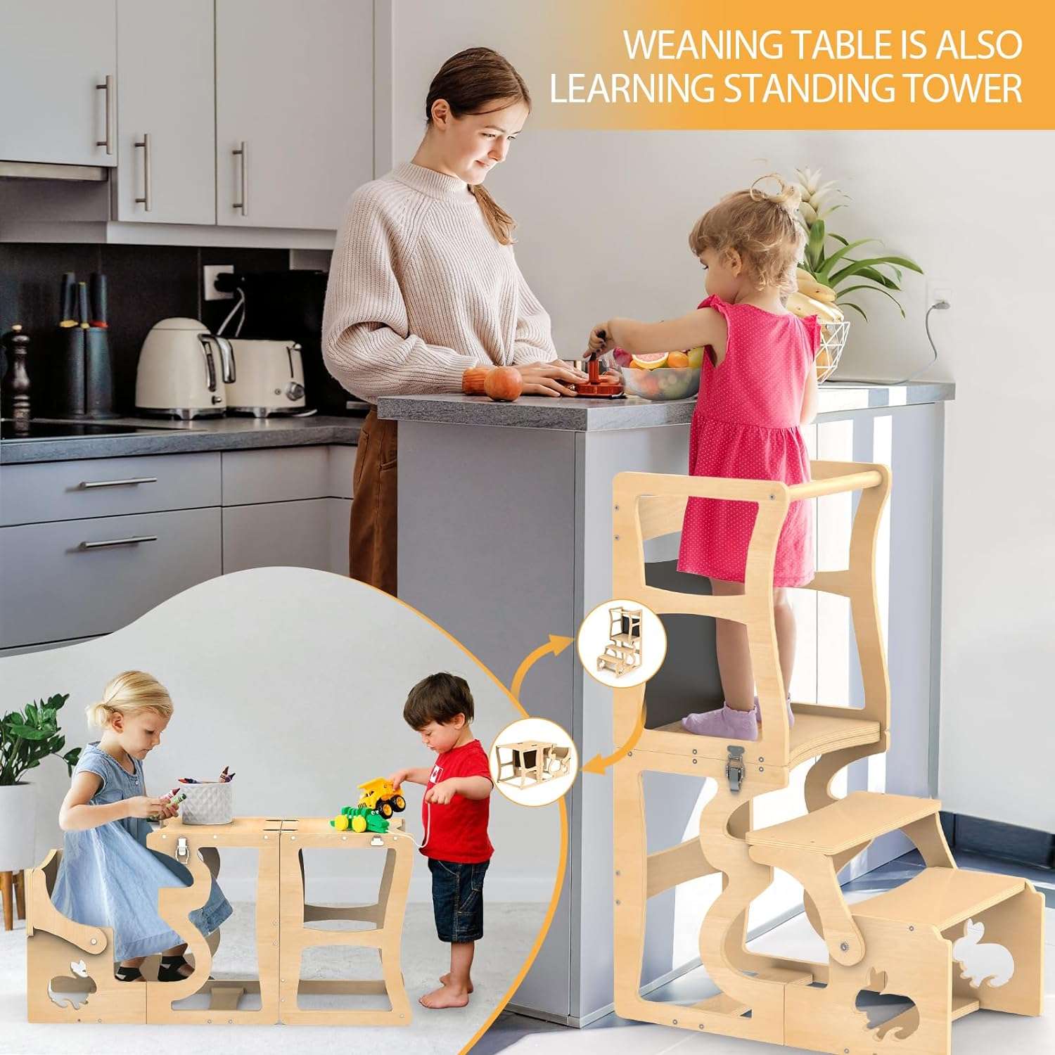 Toddler Tower, Kitchen Stool Helper for Toddlers, Learning Wooden Tower with Chalkboard and Backrest, 3 in 1 Kitchen Standing Tower, Foldable Weaning Table with Safety Rail, Step Stool Montessori - 2
