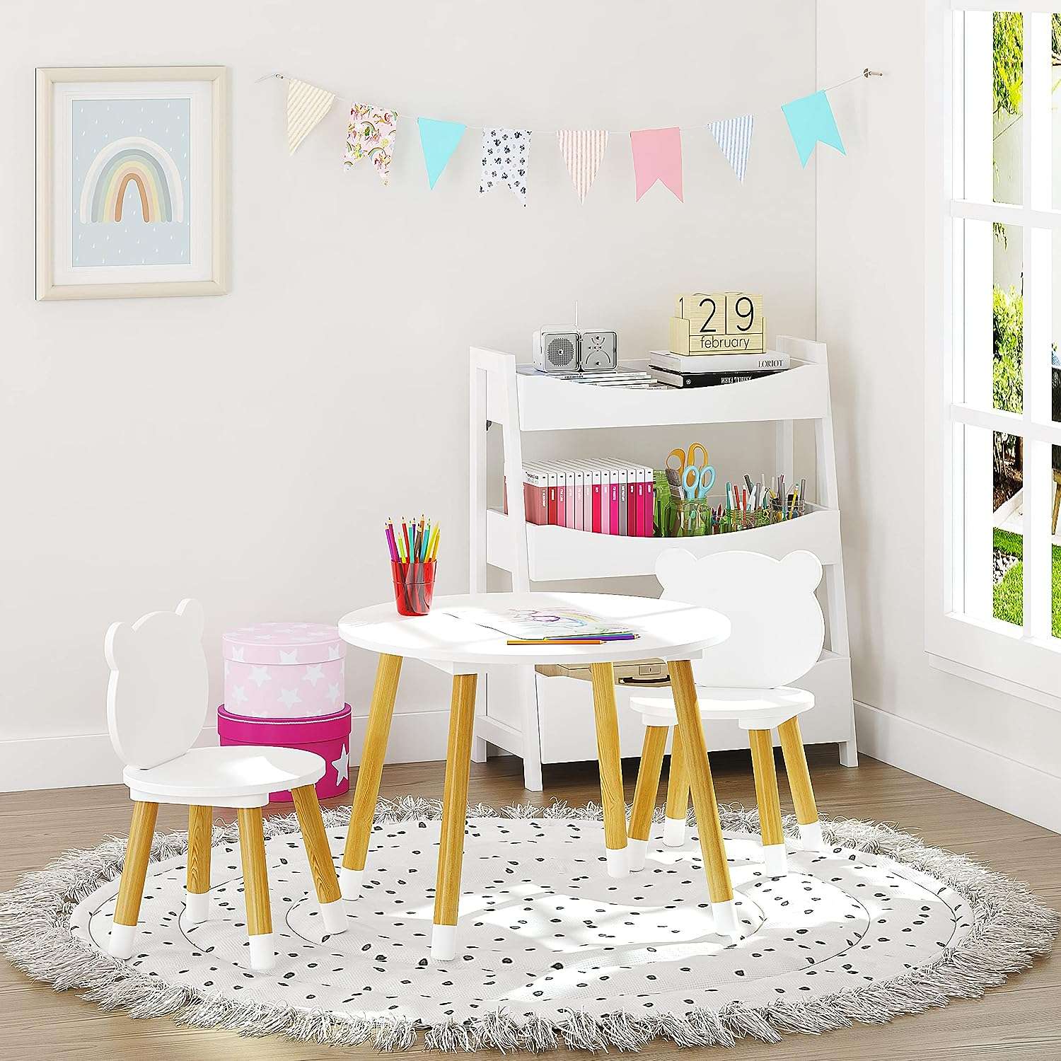 UTEX Kids Wood Table and Chair Set, Kids Play Table with 2 Chairs,3 Pieces Kids Round Table for Toddlers, Girls, Boys,White - 5