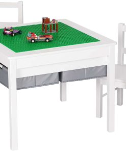 UTEX Wooden 2 in 1 Kids Construction Play Table and 2 Chairs Set with Storage Drawers, and Built in Plate Compatible with Lego and Duplo Bricks (White with Grey Drawers) - 6