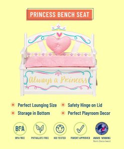 Wildkin Kids Princess Wooden Bench Seat with Storage, Toy Box Bench Seat Features Safety Hinge, Padded Backrest, Seat Cushion, and Two Carrying Handles - 2
