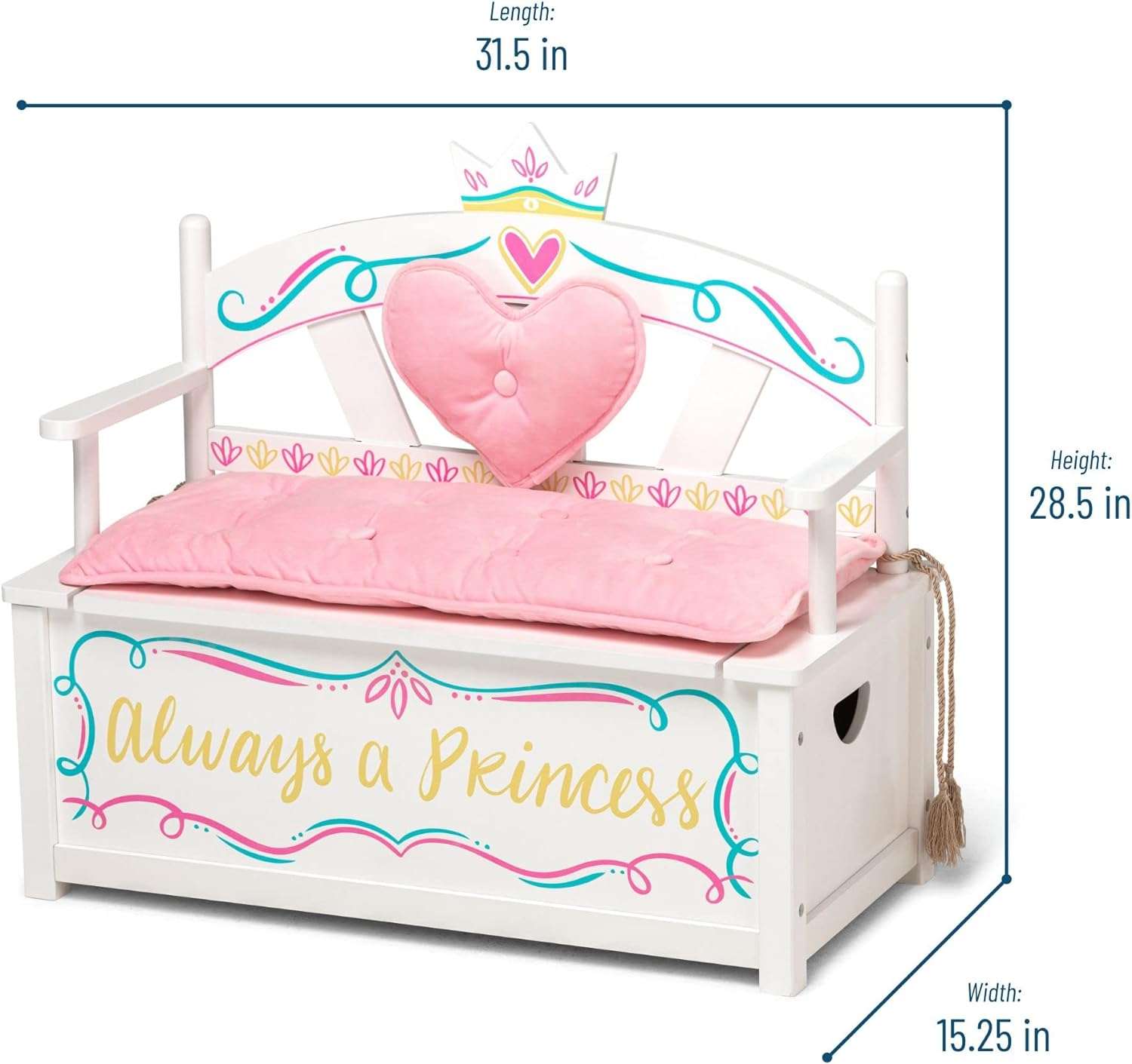 Wildkin Kids Princess Wooden Bench Seat with Storage, Toy Box Bench Seat Features Safety Hinge, Padded Backrest, Seat Cushion, and Two Carrying Handles - 3