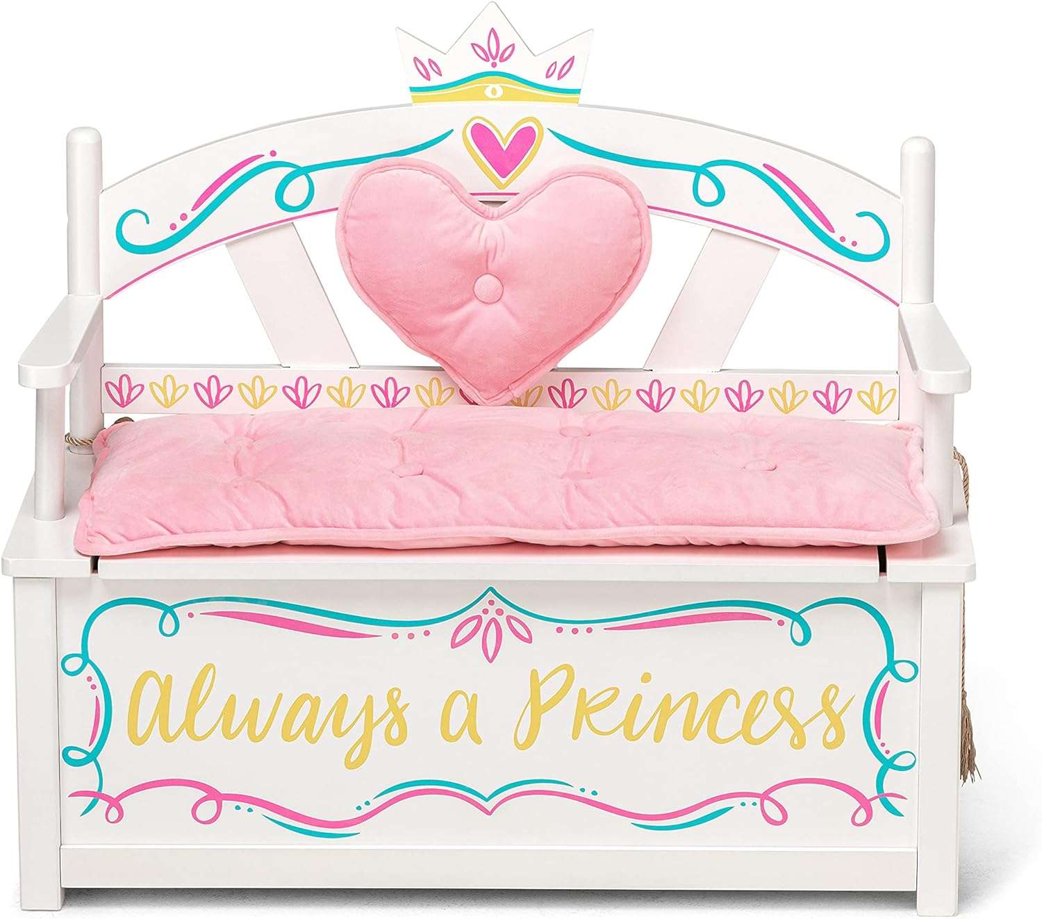 Wildkin Kids Princess Wooden Bench Seat with Storage, Toy Box Bench Seat Features Safety Hinge, Padded Backrest, Seat Cushion, and Two Carrying Handles - 4
