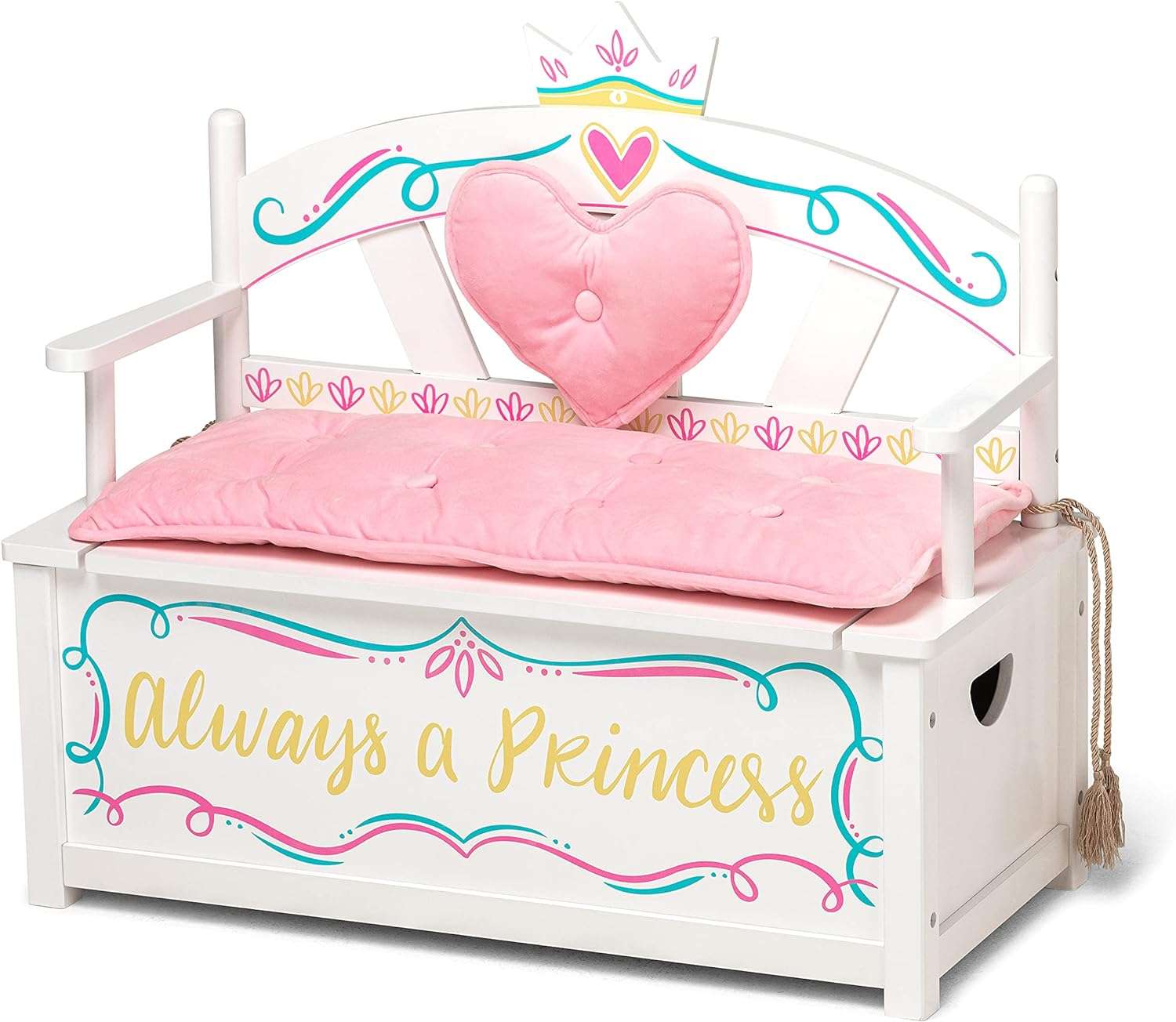 Wildkin Kids Princess Wooden Bench Seat with Storage, Toy Box Bench Seat Features Safety Hinge, Padded Backrest, Seat Cushion, and Two Carrying Handles - 5