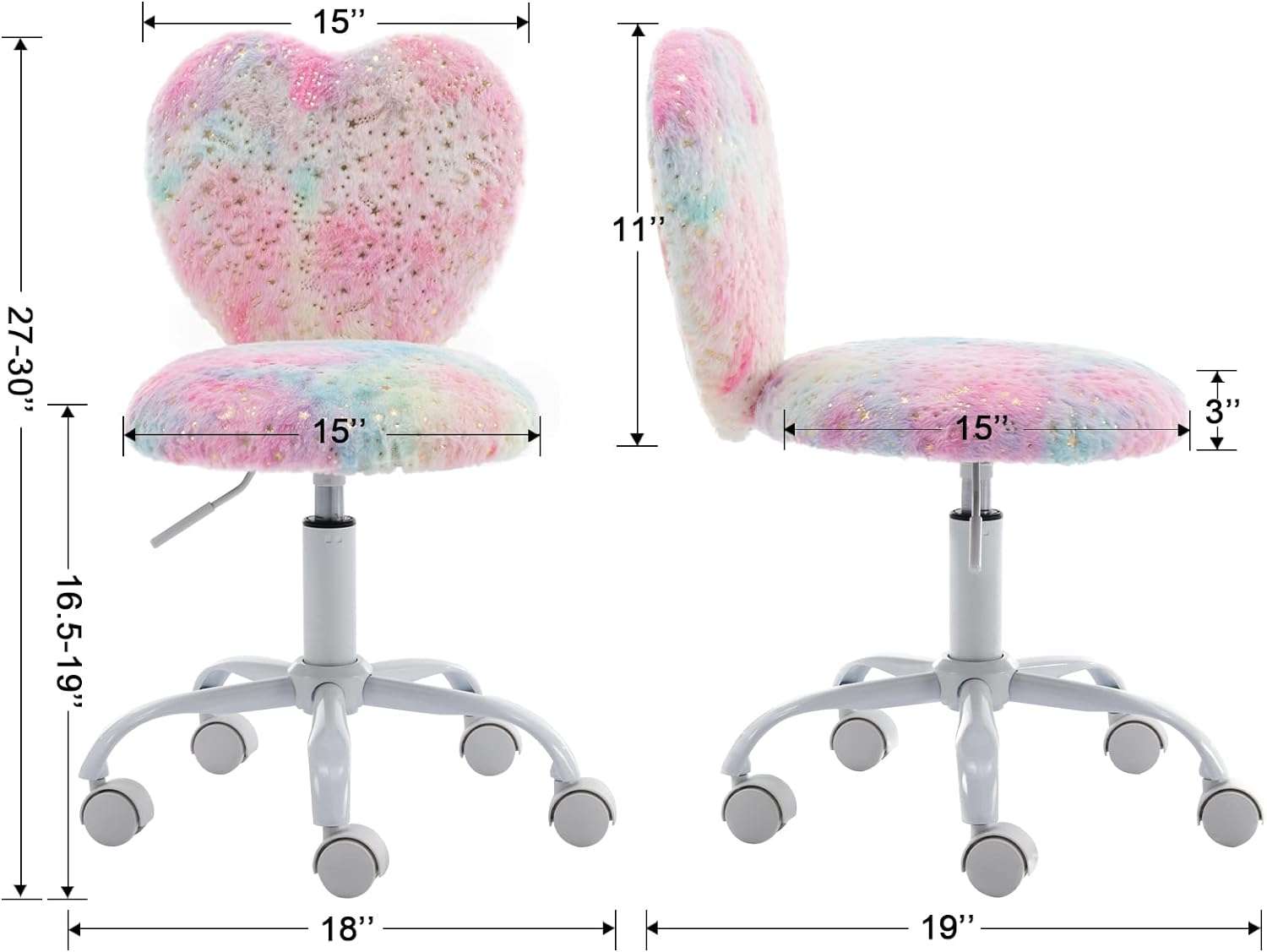 chairus Kids Desk Chair Faux Fur Study Chair for Teenage Girls, Adjustable Heart Shaped Kids Vanity Chair for Bedroom Reading Living Room, Small Cute Student Task Chair with White Foot, Colorful - 3