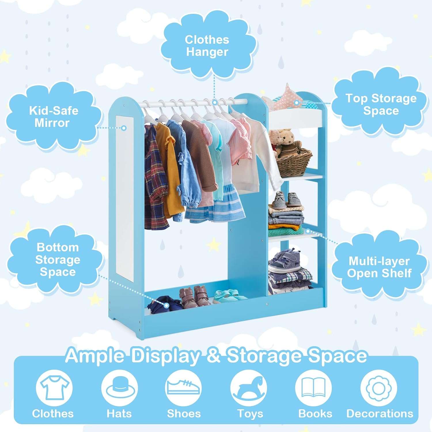 Costzon Kids Dress up Storage with Mirror, Clothes Rack, 3-Tier Shelves, Bottom Tray, Pretend Play Costume Dresser Organizer Center - 3