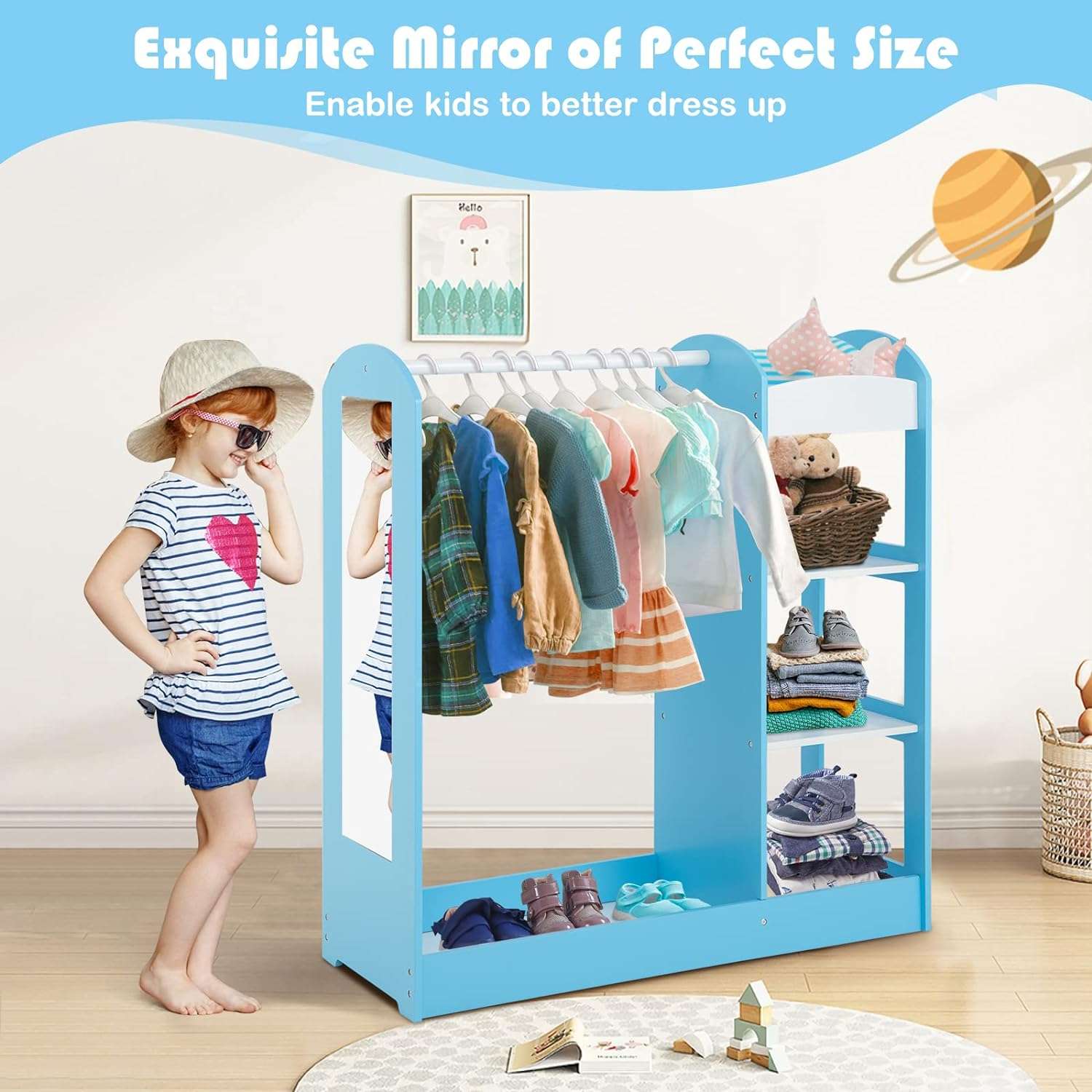 Costzon Kids Dress up Storage with Mirror, Clothes Rack, 3-Tier Shelves, Bottom Tray, Pretend Play Costume Dresser Organizer Center - 6