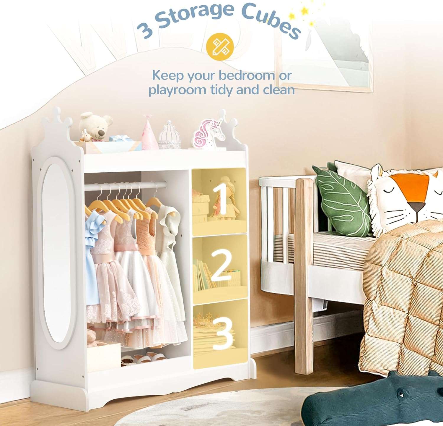 Curipeer Kids Dress up Storage with Mirror, Kids Wardrobe with 3 Hooks, Kids Closet for Girls Boys, Kids Armoire Costume Organizer for Bedroom, White - 3