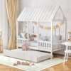 Giantex Twin House Bed with Trundle, Kids Bed Frame with 82 Tall Roof, Windows and Guardrail, Wooden Playhouse Bed for Teens Boys Girls Bedroom, No Box Spring Needed - 1