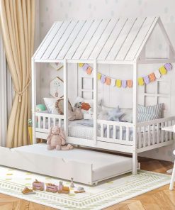 Giantex Twin House Bed with Trundle, Kids Bed Frame with 82 Tall Roof, Windows and Guardrail, Wooden Playhouse Bed for Teens Boys Girls Bedroom, No Box Spring Needed - 1