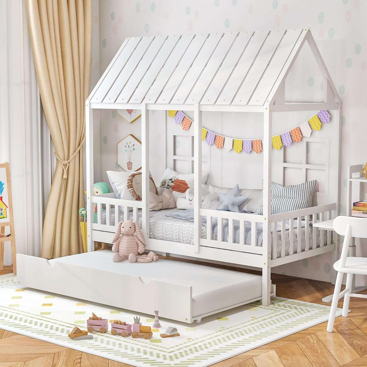 Giantex Twin House Bed with Trundle, Kids Bed Frame with 82 Tall Roof, Windows and Guardrail, Wooden Playhouse Bed for Teens Boys Girls Bedroom, No Box Spring Needed - 1